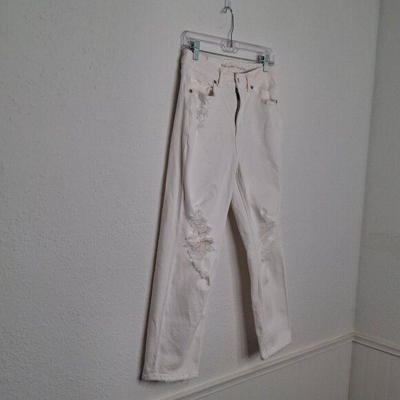 American Eagle Mom Straight Jean Sz 8 X-Short 5 Pocket Distressed Neutral Boho - Picture 4 of 16